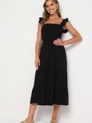 Czarna Rozkloszowana Bawełniana Sukienka na Ramiączkach z Gumkami i Falbanką Mevesta