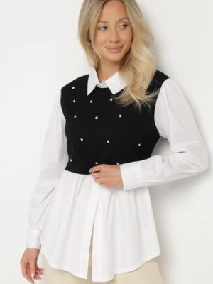Czarna Rozkloszowana Bluzka Koszulowa z Wiskozą z Wszytą Kamizelką z Cyrkoniami Uliaviela pretty