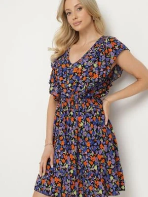 Granatowa Rozkloszowana Kwiatowa Sukienka z Bawełny Ozdobiona Falbankami Neliova defox
