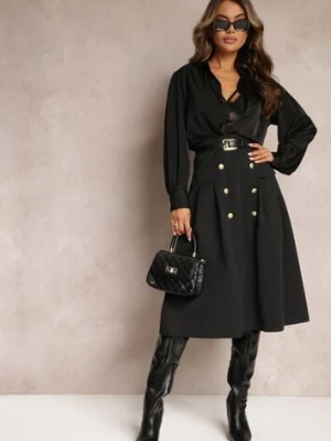 Czarna Rozkloszowana Midi Spódnica z Paskiem z Ekoskóry i Ozdobnymi Guzikami Lidias elsa.m by may