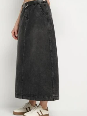 Czarna Rozkloszowana Spódnica Jeansowa Maxi z Paskiem Triwisa elsa.m by may