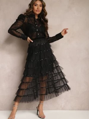 Czarna Rozkloszowana Spódnica Maxi z Falbankami i Cekinami Noobi elsa.m by may