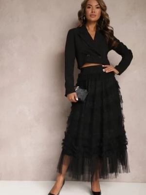 Czarna Rozkloszowana Spódnica Maxi Zdobiona Falbankami z Tiulu z Gumką w Pasie Remina bisou's project