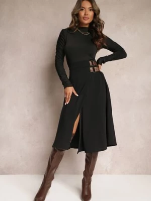 Czarna Rozkloszowana Spódnica Midi z Gumką w Talii i Paskami z Imitacji Skóry Helemisia