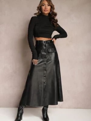 Czarna Rozkloszowana Spódnica Midi z Imitacji Skóry z Kieszeniami z Klapą i Guzikami Maronna elsa.m by may