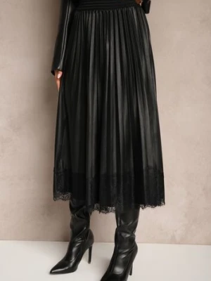Czarna Rozkloszowana Spódnica Plisowana z Wiskozą z Imitacji Skóry Ozdobiona Koronką Etanielith pretty