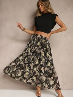 Czarna Rozkloszowana Spódnica w Kwiatowy Wzór z Plisami i Metalicznym Nadrukiem Follanea rosse line