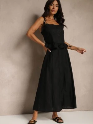 Czarna Rozkloszowana Spódnica z Bawełny z Haftowanymi Detalami Tolanisse rosa