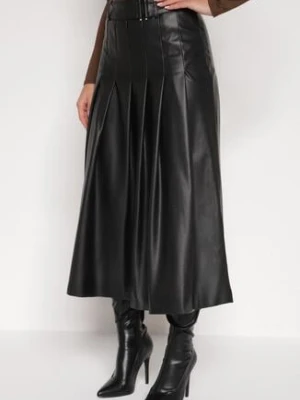 Czarna Rozkloszowana Spódnica z Imitacji Skóry Zdobiona Plisami Tusbella bisou's project
