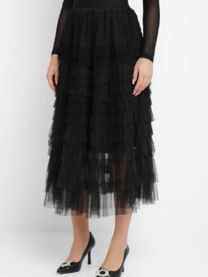 Czarna Rozkloszowana Spódnica z Tiulowymi Falbankami i Gumką w Pasie Keleia