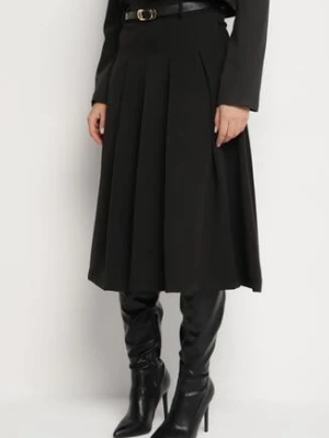 Czarna Rozkloszowana Spódnica z Wiskozą Ozdobiona Paskiem i Plisami Fidelin lovery