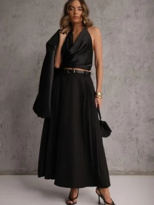 Czarna Rozkloszowana Spódnica z Wiskozy z Dodatkowym Paskiem z Klamrą Lowedina elsa.m by may