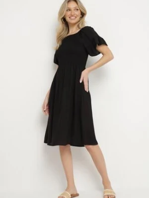 Czarna Rozkloszowana Sukienka Bawełniana z Bufiastymi Rękawami i Elastyczną Górą Veliova defox