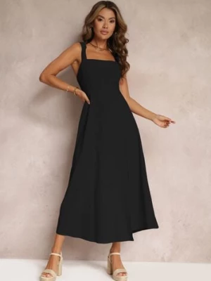 Czarna Rozkloszowana Sukienka Bawełniana z Kwadratowym Dekoltem Trenna rosa