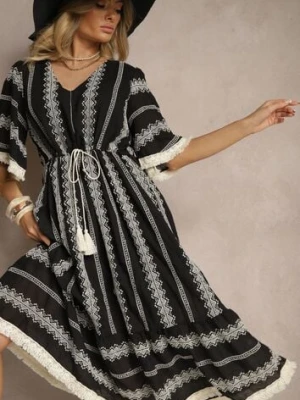 Czarna Rozkloszowana Sukienka Boho z Bawełny Zdobiona Haftem i Wiązaniem Koriruna rosa