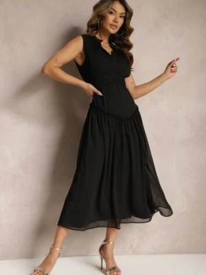 Czarna Rozkloszowana Sukienka Długa z Guzikami o Taliowanym Fasonie Jovitta bisou's project