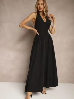 Czarna Rozkloszowana Sukienka Halter z Wiązaniem i Odkrytymi Plecami Senicce allyson