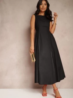 Czarna Rozkloszowana Sukienka Koktajlowa z Bawełny z Dekoltem Łódką i Kieszeniami Fanilra elsa.m by may