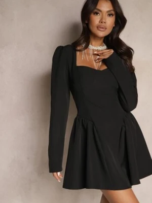 Czarna Rozkloszowana Sukienka Koktajlowa z Gorsetową Górą i Falbankami Arisora allyson