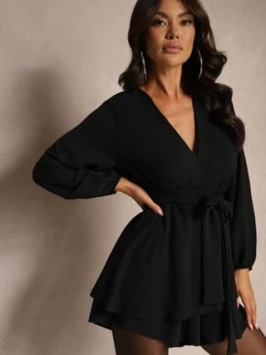 Czarna Rozkloszowana Sukienka Kombinezon z Kopertowym Dekoltem i Falbanką Vomitta j studio