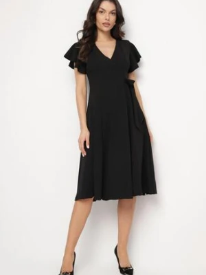 Czarna Rozkloszowana Sukienka Kopertowa z Wiązaniem w Talii Dannila new collection