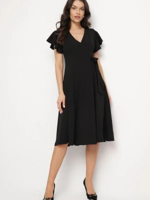 Czarna Rozkloszowana Sukienka Kopertowa z Wiązaniem w Talii Dannila New Collection