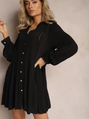 Czarna Rozkloszowana Sukienka Koszulowa Mini w Stylu Boho Binessa
