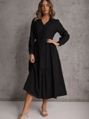 Czarna Rozkloszowana Sukienka Koszulowa z Bawełny i Wiskozy Zdobiona Klapami Gleta unigirl