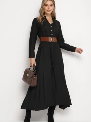 Czarna Rozkloszowana Sukienka Koszulowa z Paskiem i Gumką w Talii Zinavie rosa