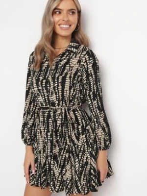 Czarna Rozkloszowana Sukienka Koszulowa z Wiązanym Paskiem Aultum retro & icone