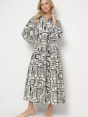 Czarna Rozkloszowana Sukienka Koszulowa z Wiskozą w Geometryczny Wzór Alineria rosa