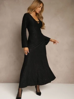 Czarna Rozkloszowana Sukienka Longsleeve w Zebrę Zdobiona Brokatem Mevilisa