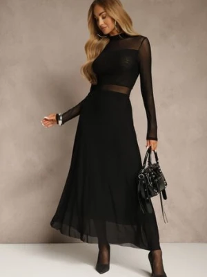 Czarna Rozkloszowana Sukienka Longsleeve z Siateczki z Dodatkiem Wiskozy Eprella