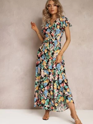 Czarna Rozkloszowana Sukienka Maxi w Kwiaty Moirane rosa