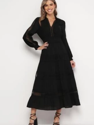 Czarna Rozkloszowana Sukienka Maxi z Gumką w Talii i Ażurowym Zdobieniem Binaella elsa.m by may