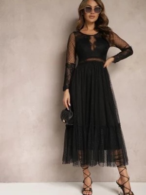 Czarna Rozkloszowana Sukienka Maxi z Koronkowymi Wstawkami i Tiulem Kollla elsa.m by may