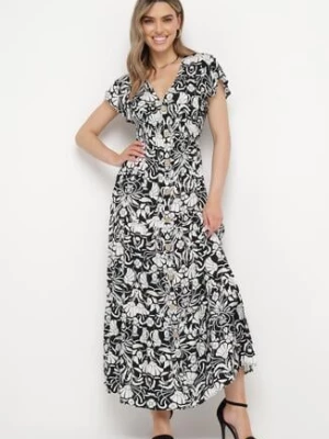 Czarna Rozkloszowana Sukienka Maxi z Luźnym Rękawem w Kwiatowy Print Oxeria