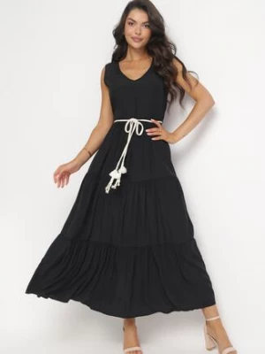 Czarna Rozkloszowana Sukienka Maxi z Plecionym Sznurkiem w Talii Ralica