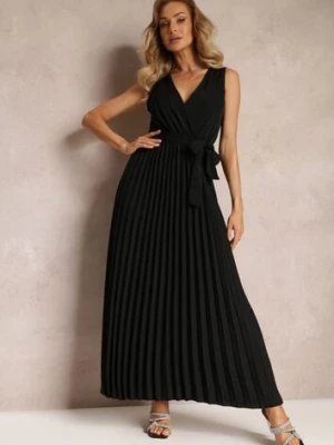 Czarna Rozkloszowana Sukienka Maxi z Plisowanym Dołem i Gumką w Talii Sare