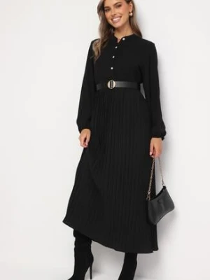 Czarna Rozkloszowana Sukienka Maxi z Plisowanym Dołem i Wiązanym Paskiem Nollira j&x