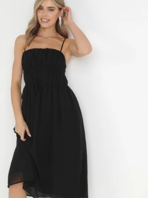 Czarna Rozkloszowana Sukienka Midi na Cienkich Ramiączkach z Wiązaniem w Talii Tessonne vices