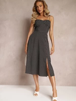 Czarna Rozkloszowana Sukienka Midi w Kropki na Ramiączkach Mabella vices