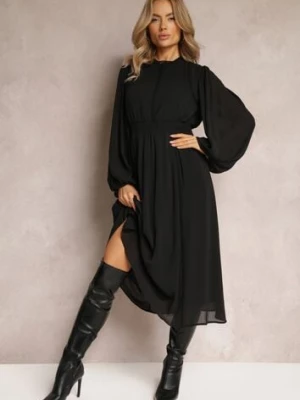 Czarna Rozkloszowana Sukienka Midi z Gumkami w Talii i Koronką Ottillda
