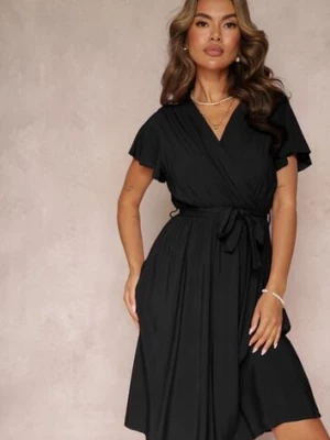 Czarna Rozkloszowana Sukienka Midi z Wiązanym Paskiem Elemia cflo