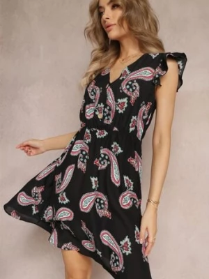 Czarna Rozkloszowana Sukienka Mini we Wzór Paisley Rachelli cflo