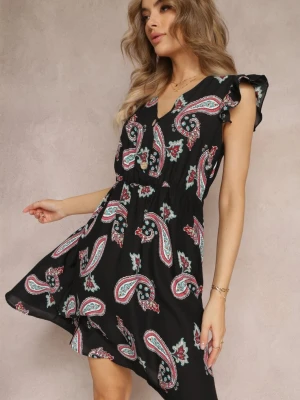 Czarna Rozkloszowana Sukienka Mini we Wzór Paisley Rachelli Cflo