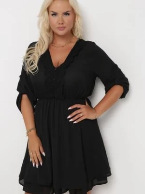 Czarna Rozkloszowana Sukienka Mini z Ozdobnym Dekoltem i Gumką w Pasie Braely christy