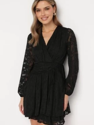 Czarna Rozkloszowana Sukienka Mini z Plumeti o Kopertowym Kroju Tayeta retro & icone
