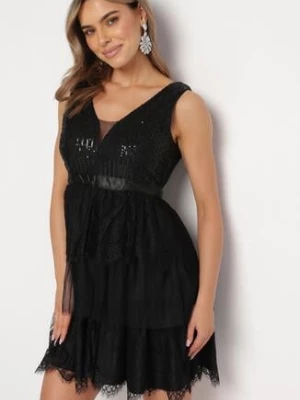 Czarna Rozkloszowana Sukienka Mini z Tiulowym Dołem i Cekinami Uriella elsa.m by may