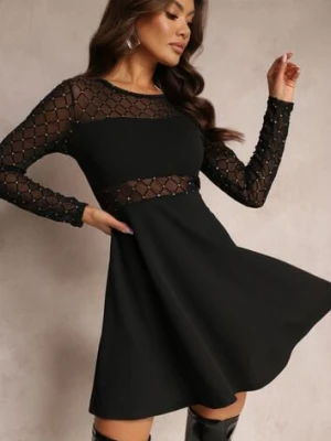 Czarna Rozkloszowana Sukienka Mini ze Wstawkami z Siateczki i Brokatu Liukas fashion